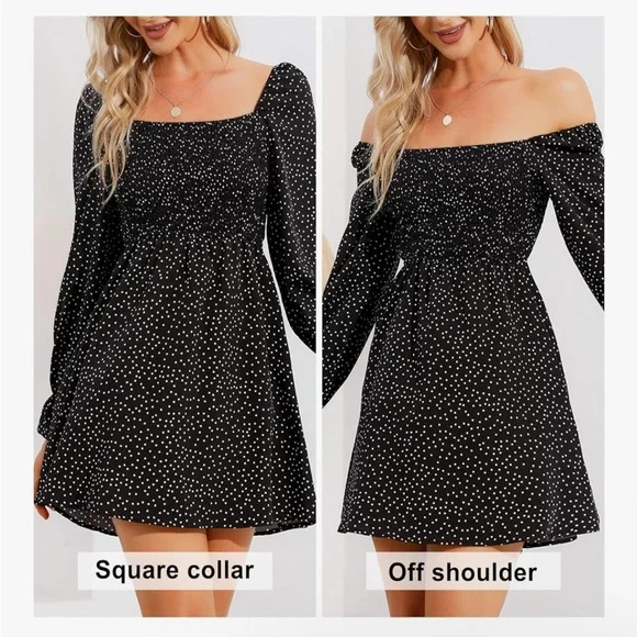 Womens Polka Dot Long Sleeve High Waist Smocked Ruffle Swing Short Dress - L - Picture 5 of 5